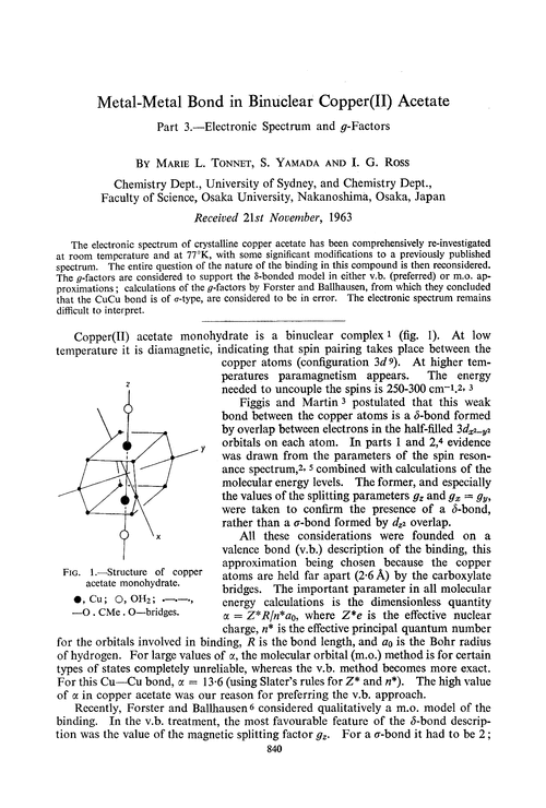 Metal-metal bond in binuclear copper(II) acetate. Part 3.—Electronic spectrum and g-factors