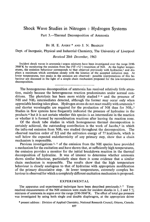 Shock wave studies in nitrogen + hydrogen systems. Part 3.—Thermal decomposition of ammonia