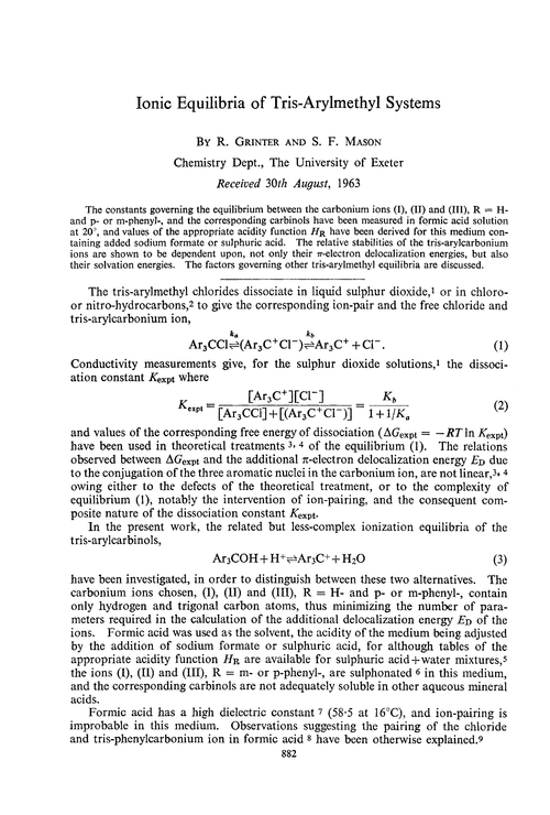 Ionic equilibria of tris-arylmethyl systems