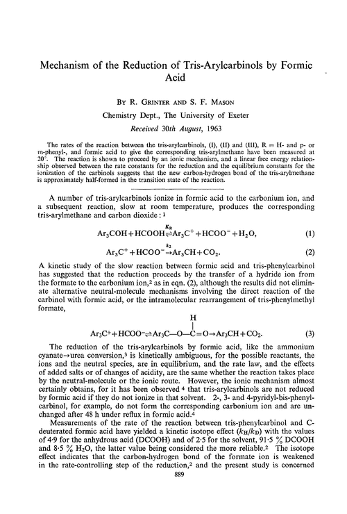 Mechanism of the reduction of tris-arylcarbinols by formic acid