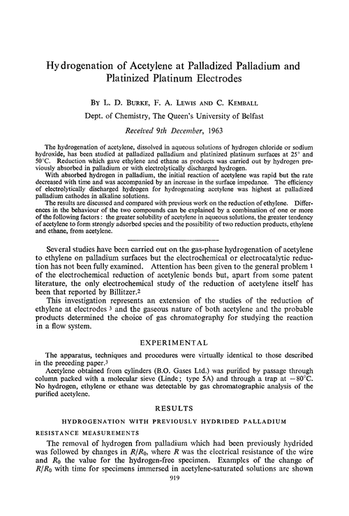 Hydrogenation of acetylene at palladized palladium and platinized platinum electrodes