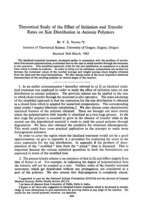 Theoretical study of the effect of initiation and transfer rates on size distribution in anionic polymers