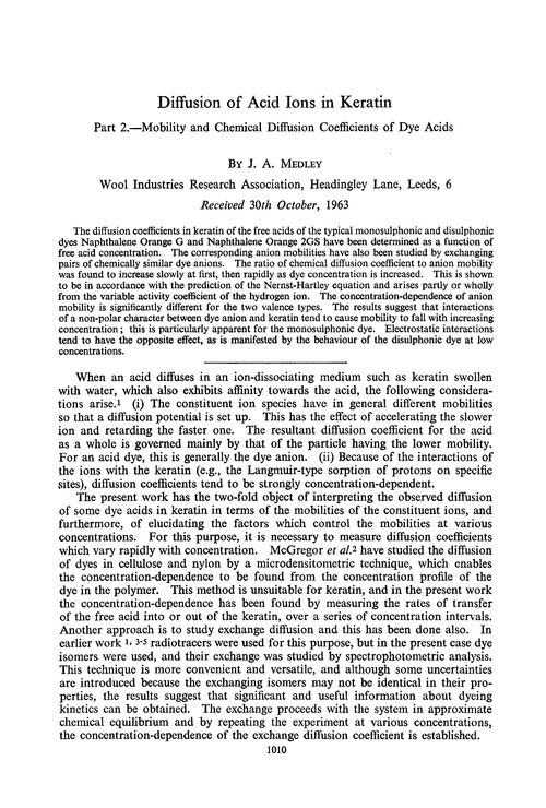 Diffusion of acid ions in keratin. Part 2.—Mobility and chemical diffusion coefficients of dye acids