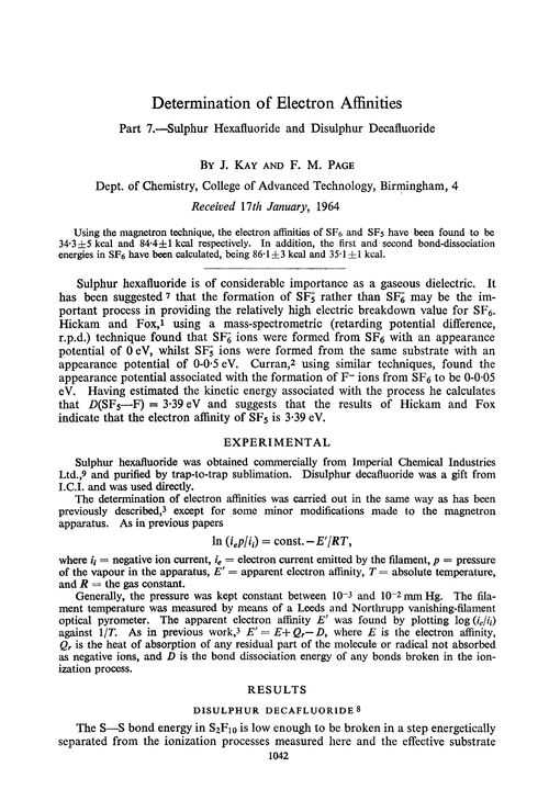 Determination of electron affinities. Part 7.—Sulphur hexafluoride and disulphur decafluoride
