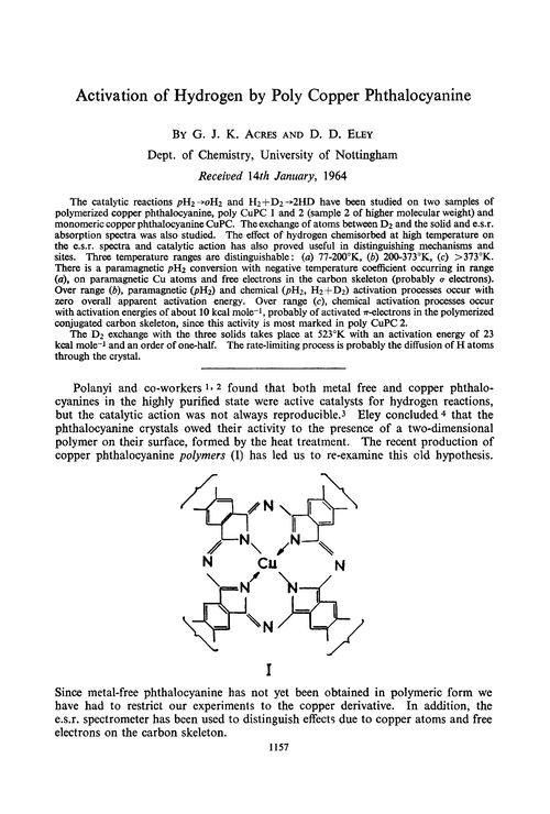 Activation of hydrogen by poly copper phthalocyanine