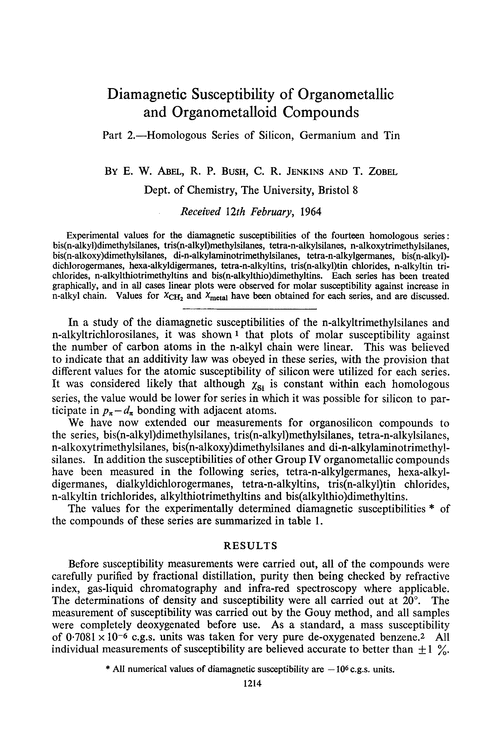 Diamagnetic susceptibility of organometallic and organometalloid compounds. Part 2.—Homologous series of silicon, germanium and tin