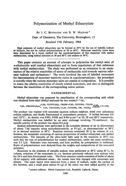 Polymerization of methyl ethacrylate