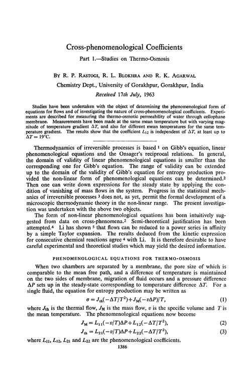 Cross-phenomenological coefficients. Part 1.—Studies on thermo-osmosis