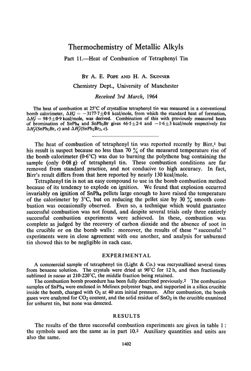 Thermochemistry of metallic alkyls. Part 11.—Heat of combustion of tetraphenyl tin