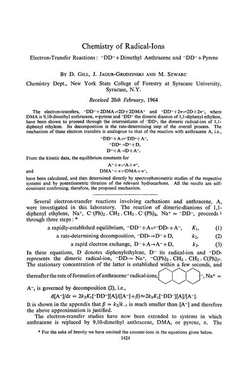 Chemistry of radical-ions. Electron-transfer reactions: –DD–+dimethyl anthracene and –DD–+pyrene