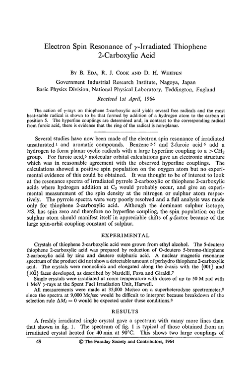 Electron spin resonance of γ-irradiated thiophene 2-carboxylic acid