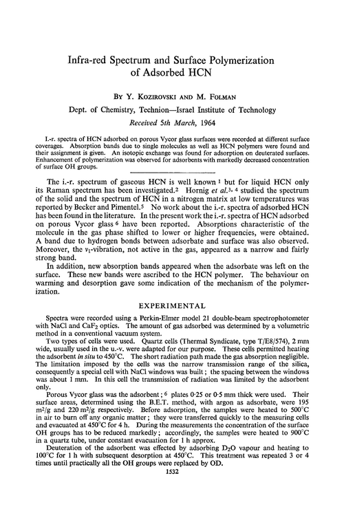 Infra-red spectrum and surface polymerization of adsorbed HCN