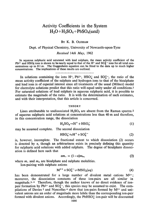 Activity coefficients in the system H2O+H2SO4+PbSO4(satd)