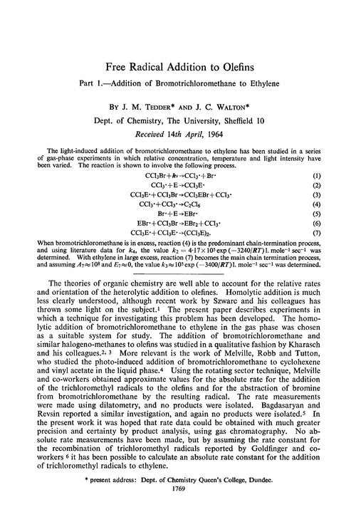 Free radical addition to olefins. Part 1.—Addition of bromotrichloromethane to ethylene