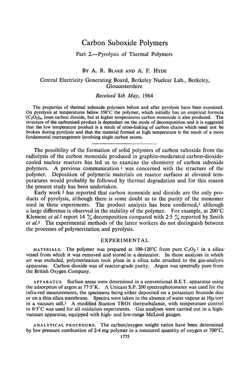 Carbon suboxide polymers. Part 2.—Pyrolysis of thermal polymers