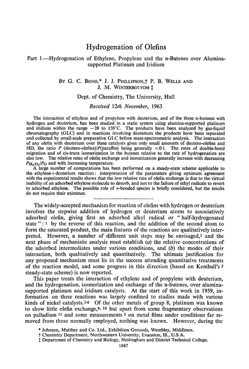 Hydrogenation of olefins. Part 1.—Hydrogenation of ethylene, propylene and the n-butenes over alumina-supported platinum and iridium