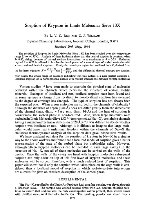 Sorption of krypton in linde molecular sieve 13X