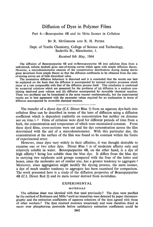 Diffusion of dyes in polymer films. Part 4.—Benzopurine 4B and its meta isomer in cellulose