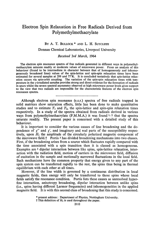 Electron spin relaxation in free radicals derived from polymethylmethacrylate