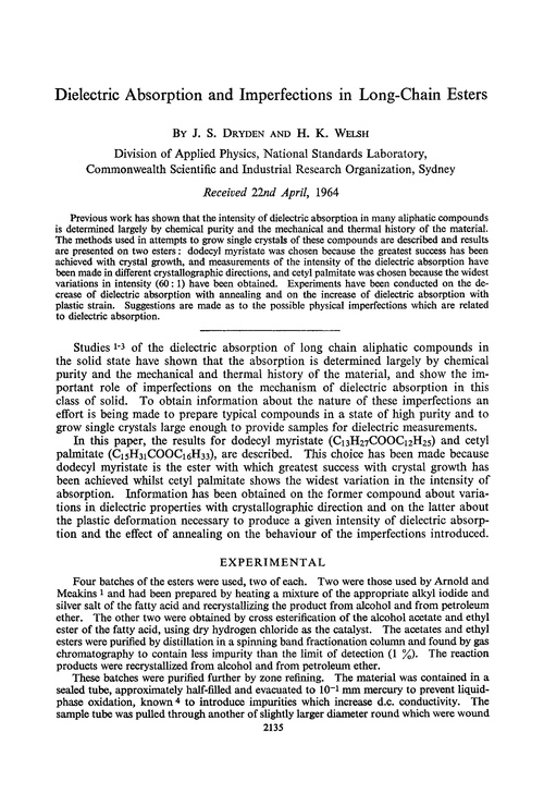 Dielectric absorption and imperfections in long-chain esters