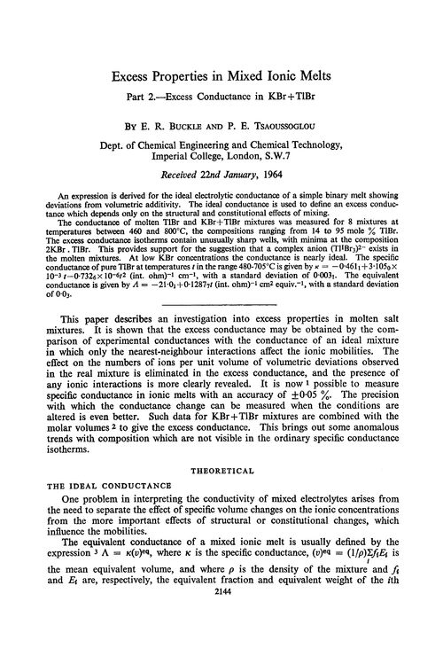 Excess properties in mixed ionic melts. Part 2.—Excess conductance in KBr + TlBr
