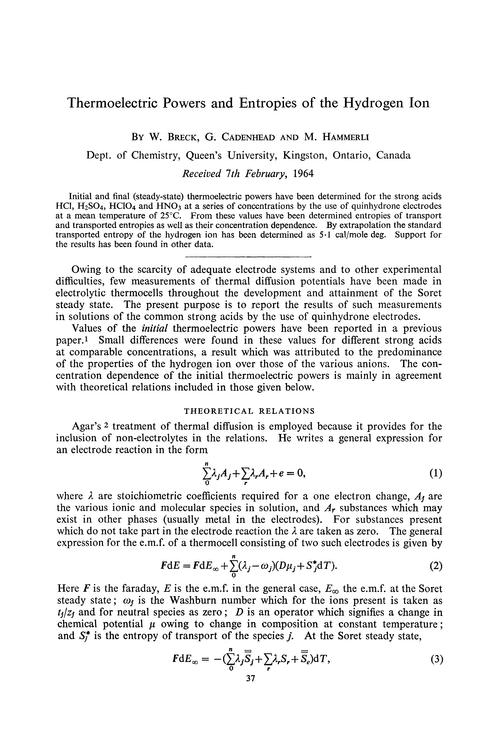 Thermoelectric powers and entropies of the hydrogen ion