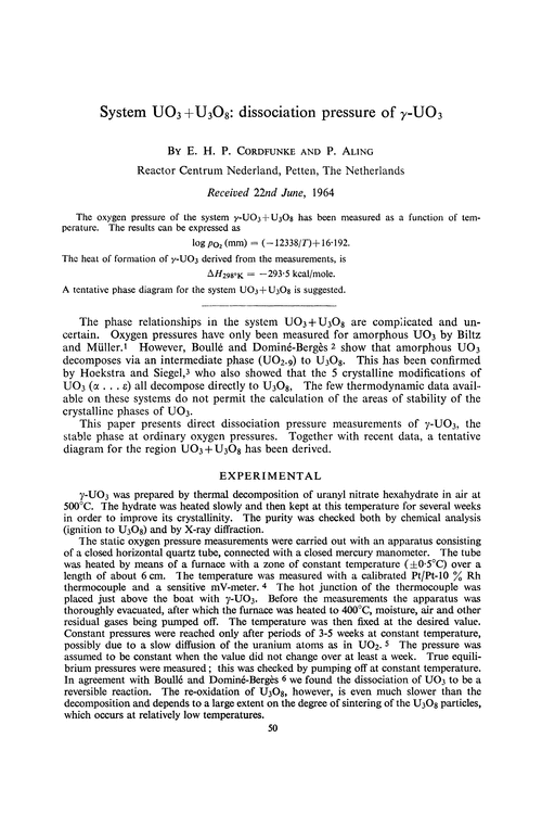 System UO3+ U3O8: dissociation pressure of γ-UO3