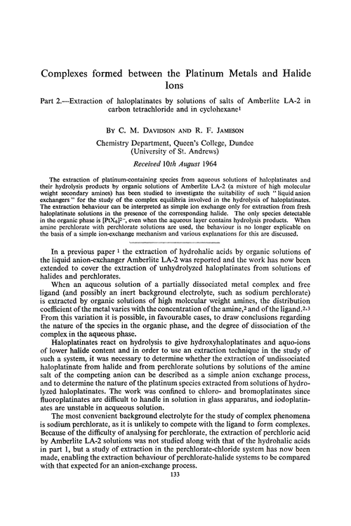 Complexes formed between the platinum metals and halide ions. Part 2.—Extraction of haloplatinates by solutions of salts of amberlite LA-2 in carbon tetrachloride and in cyclohexane