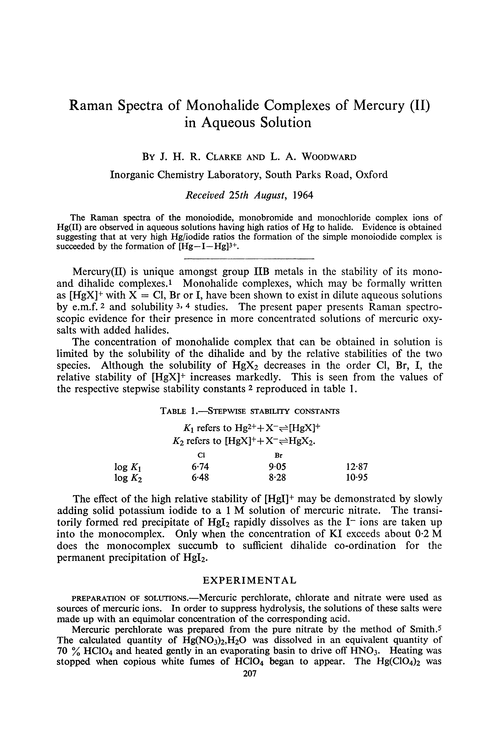 Raman spectra of monohalide complexes of mercury (II) in aqueous solution