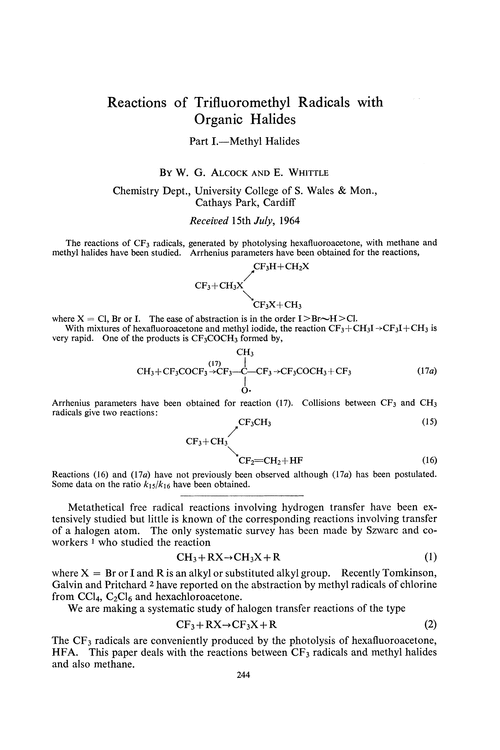 Reactions of trifluoromethyl radicals with organic halides. Part I.—Methyl halides
