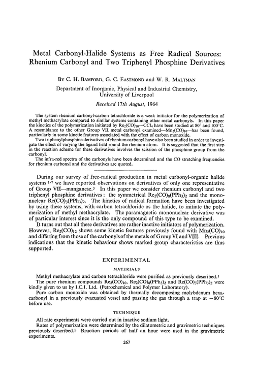 Metal carbonyl-halide systems as free radical sources: rhenium carbonyl and two triphenyl phosphine derivatives