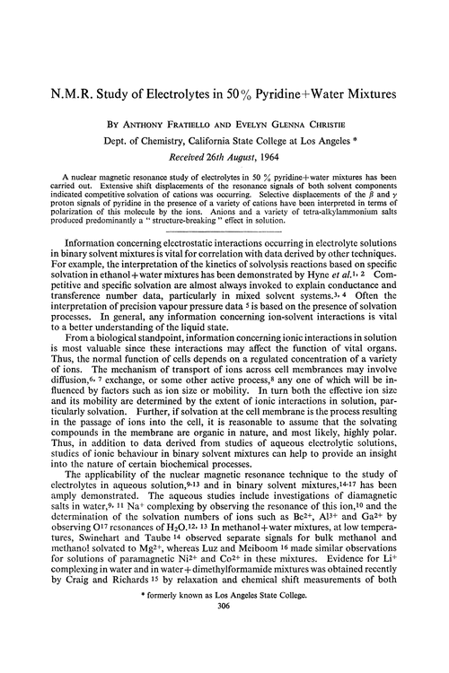 N.m.r. study of electrolytes in 50 % pyridine + water mixtures