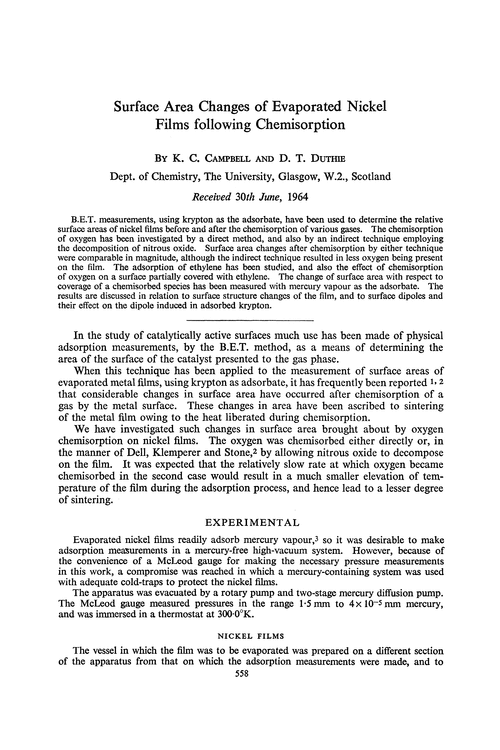 Surface area changes of evaporated nickel films following chemisorption