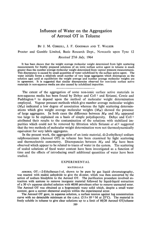 Influence of water on the aggregation of aerosol OT in toluene
