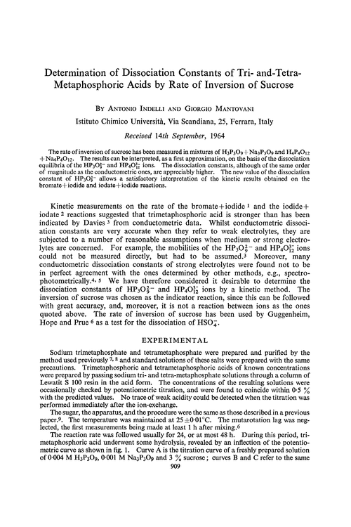 Determination of dissociation constants of tri- and- tetra-metaphosphoric acids by rate of inversion of sucrose