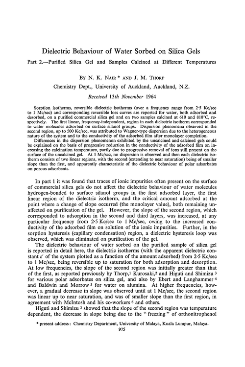 Dielectric behaviour of water sorbed on silica gels. Part 2.—Purified silica gel and samples calcined at different temperatures