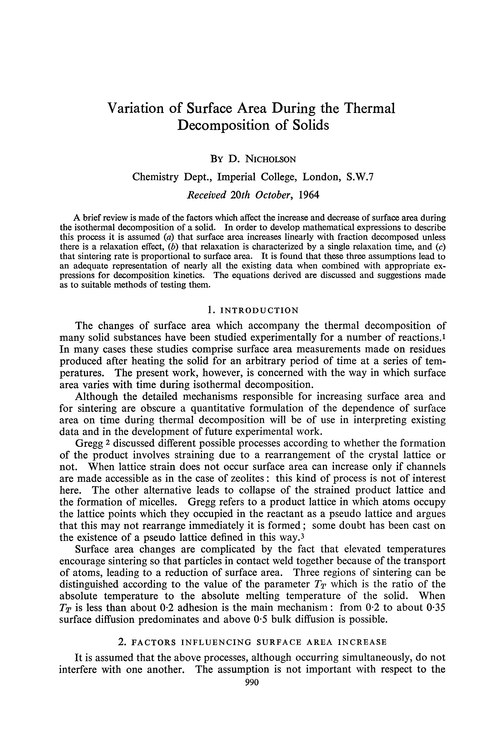 Variation of surface area during the thermal decomposition of solids