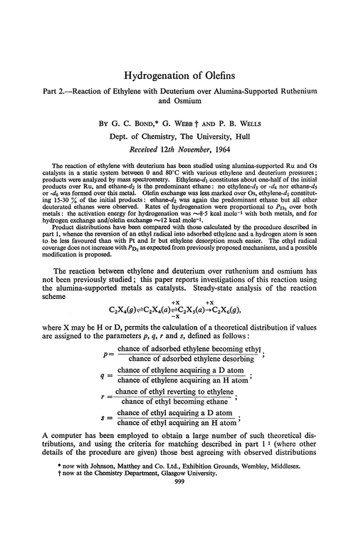 Hydrogenation of olefins. Part 2.—Reaction of ethylene with deuterium over alumina-supported ruthenium and osmium