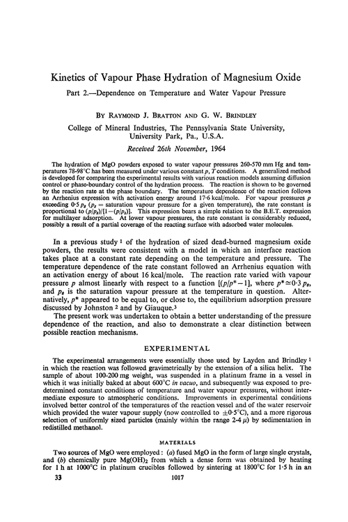 Kinetics of vapour phase hydration of magnesium oxide. Part 2.—Dependence on temperature and water vapour pressure