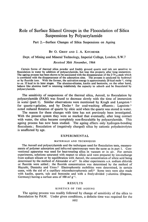 Role of surface silanol groups in the flocculation of silica suspensions by polyacrylamide. Part 2.—Surface changes of silica suspensions on ageing