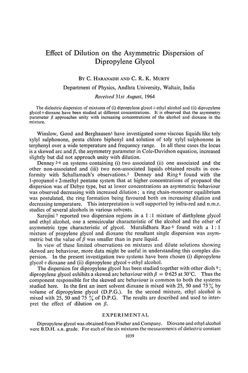 Effect of dilution on the asymmetric dispersion of dipropylene glycol