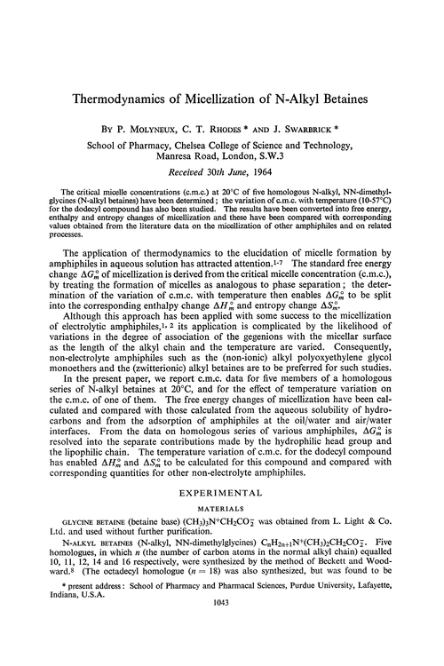 Thermodynamics of micellization of N-alkyl betaines