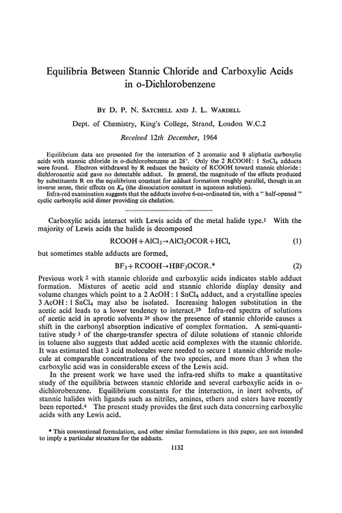 Equilibria between stannic chloride and carboxylic acids in o-dichlorobenzene