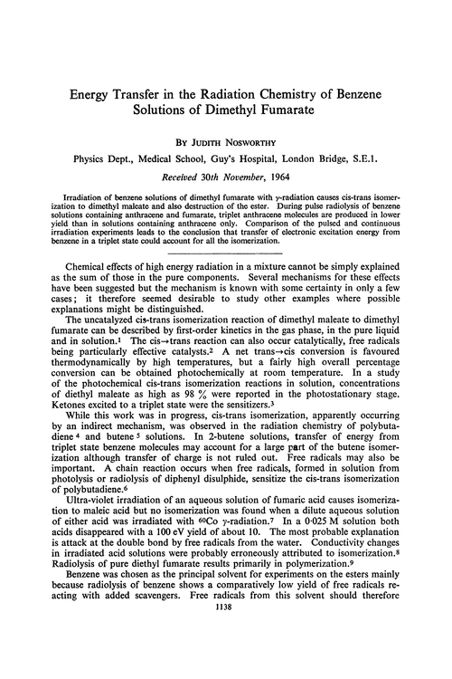 Energy transfer in the radiation chemistry of benzene solutions of dimethyl fumarate