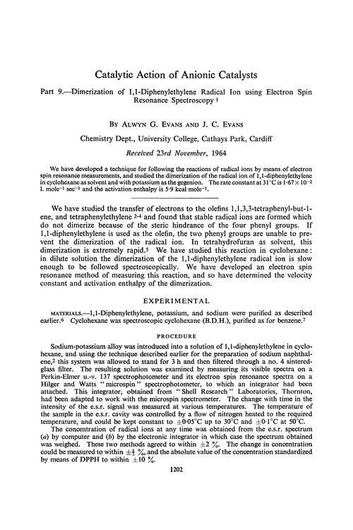Catalytic action of anionic catalysts. Part 9.—Dimerization of 1,1-diphenylethylene radical ion using electron spin resonance spectroscopy