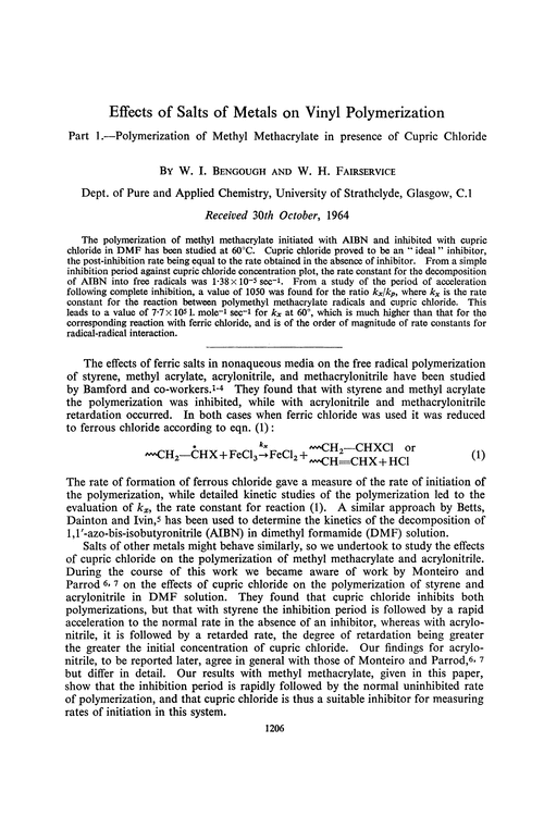 Effects of salts of metals on vinyl polymerization. Part 1.—Polymerization of methyl methacrylate in presence of cupric chloride