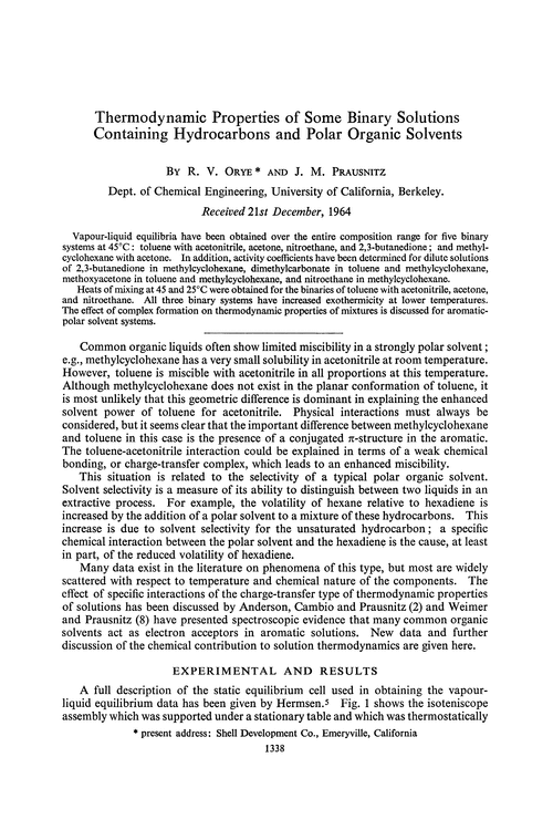 Thermodynamic properties of some binary solutions containing hydrocarbons and polar organic solvents