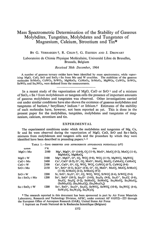Mass spectrometric determination of the stability of gaseous molybdites, tungstites, molybdates and tungstates of magnesium, calcium, strontium and tin