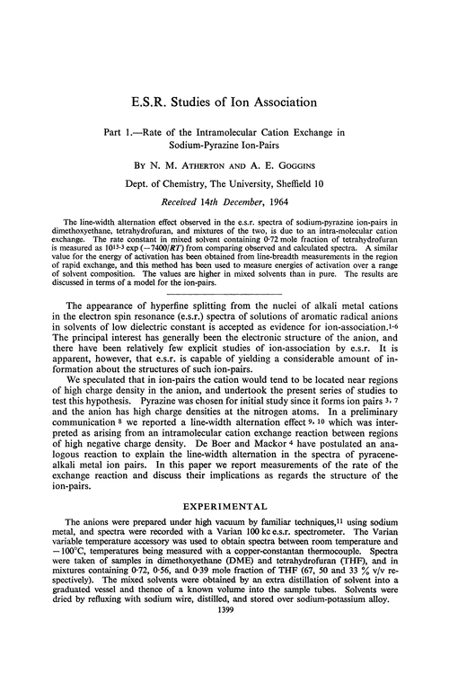 E.s.r. studies of ion association. Part 1.—Rate of the intramolecular cation exchange in sodium-pyrazine ion-pairs