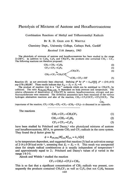 Photolysis of mixtures of acetone and hexafluoroacetone. Combination reactions of methyl and trifluoromethyl radicals